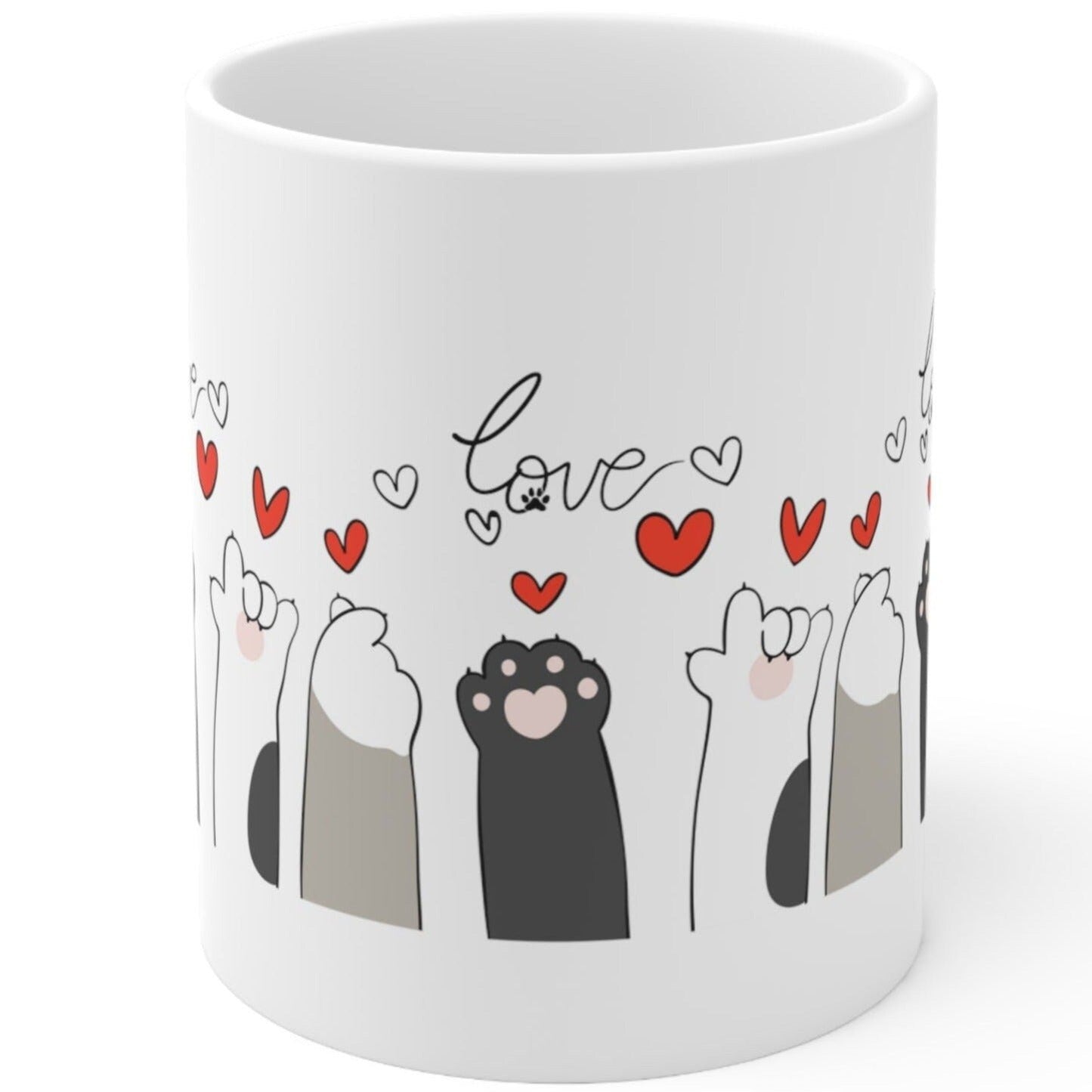 Graphic Cat Paws with Hearts and Love 11oz Coffee Mug - The Perfect Gift for Cat Lovers