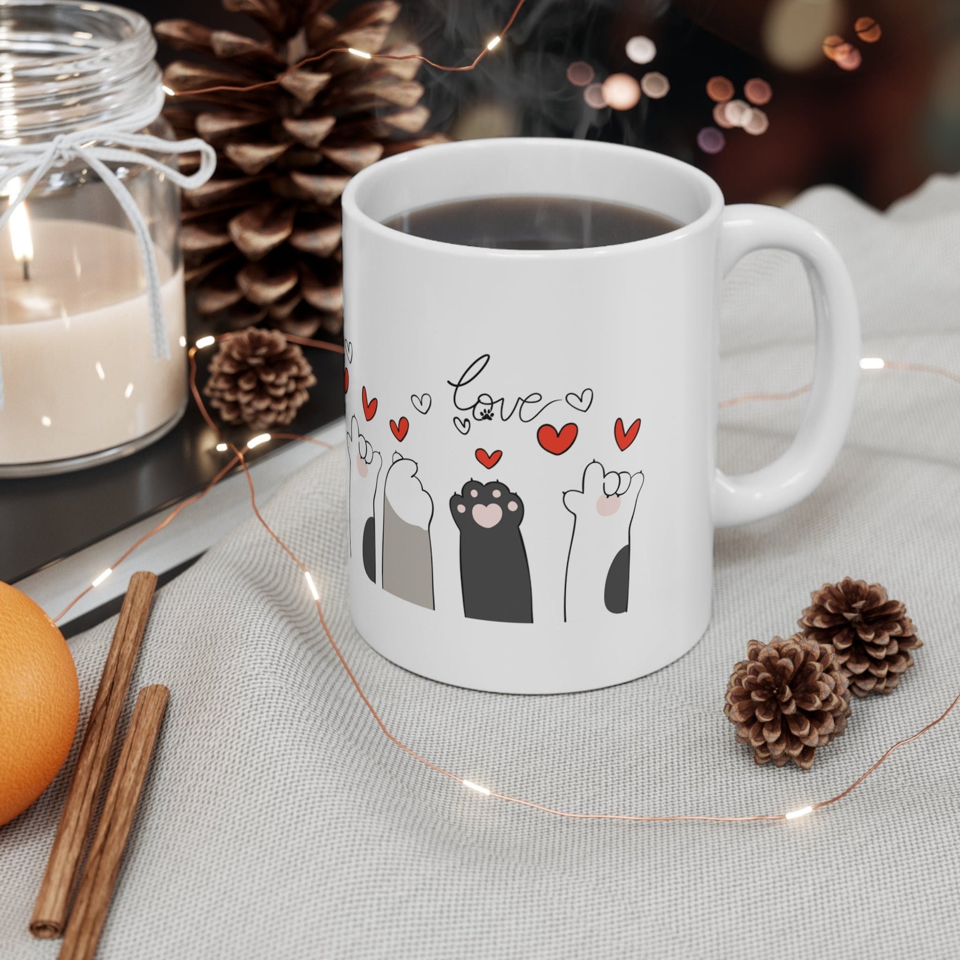 Graphic Cat Paws with Hearts and Love 11oz Coffee Mug - The Perfect Gift for Cat Lovers