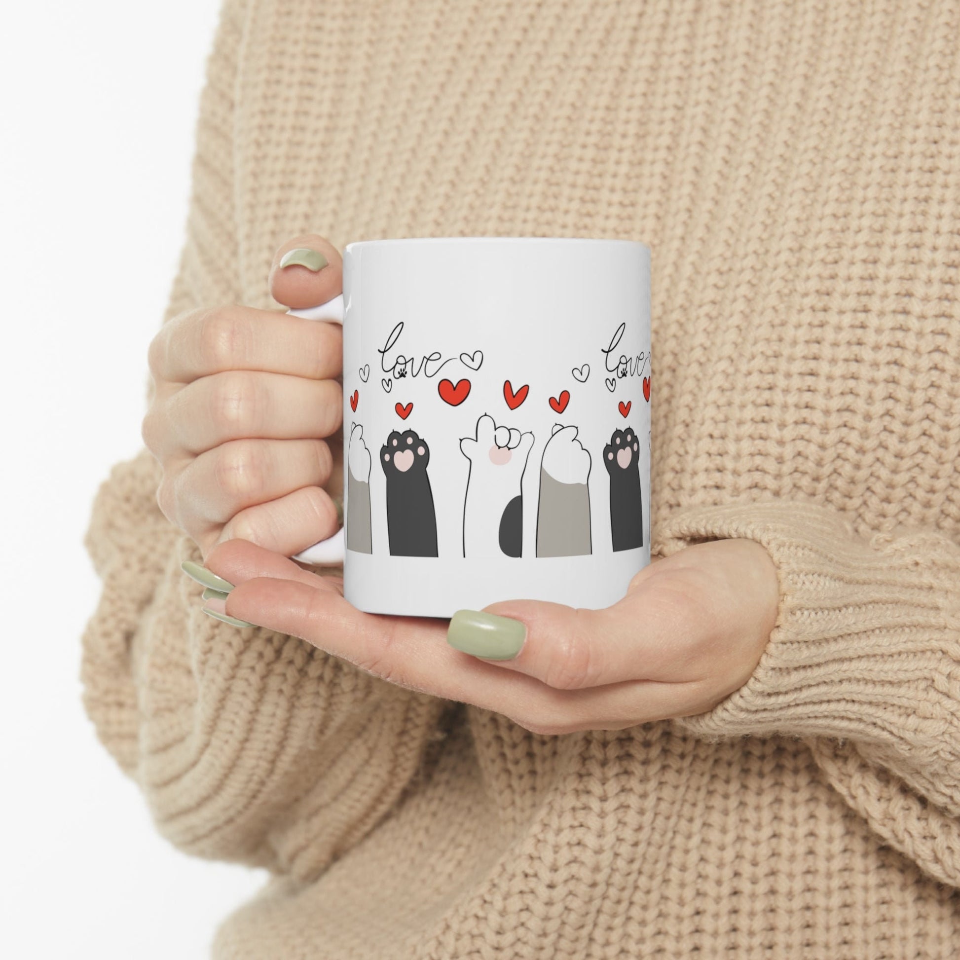 Graphic Cat Paws with Hearts and Love 11oz Coffee Mug - The Perfect Gift for Cat Lovers