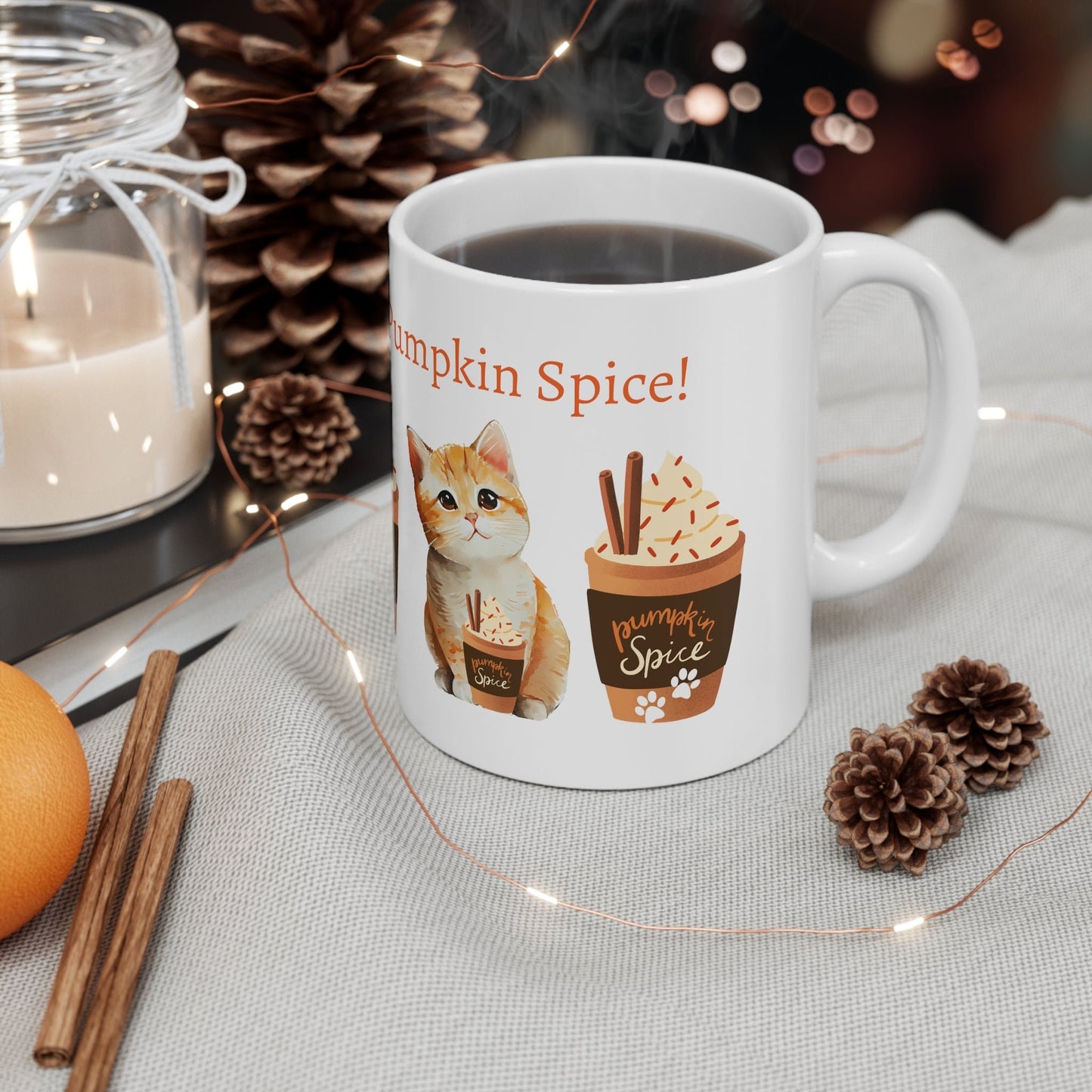 Whisker Up Some Pumpkin Spice 11oz Ceramic Mug with Adorable Cat Design - Original Graphic