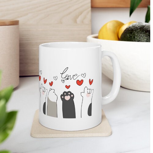 Graphic Cat Paws with Hearts and Love 11oz Coffee Mug - The Perfect Gift for Cat Lovers