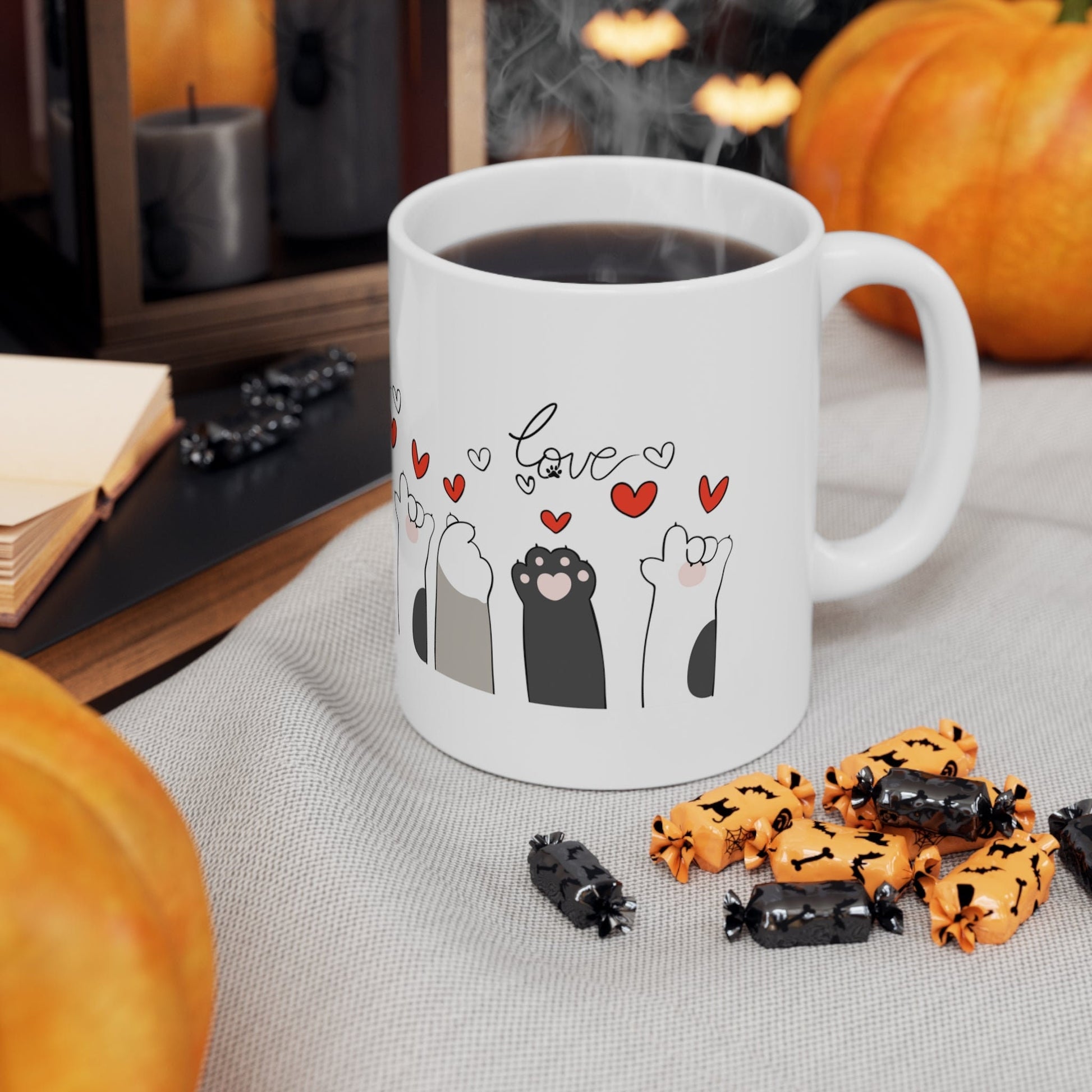 Graphic Cat Paws with Hearts and Love 11oz Coffee Mug - The Perfect Gift for Cat Lovers