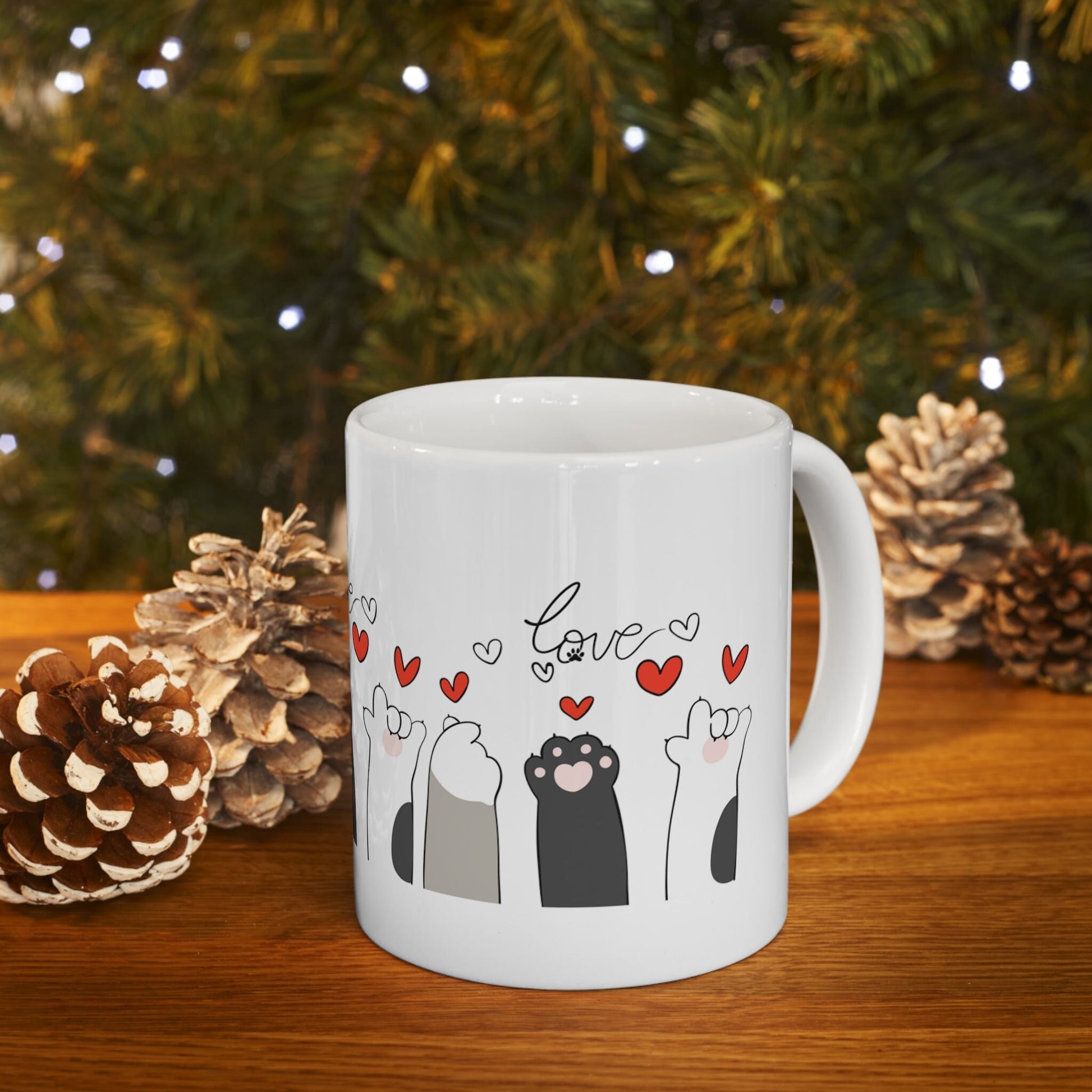 Graphic Cat Paws with Hearts and Love 11oz Coffee Mug - The Perfect Gift for Cat Lovers