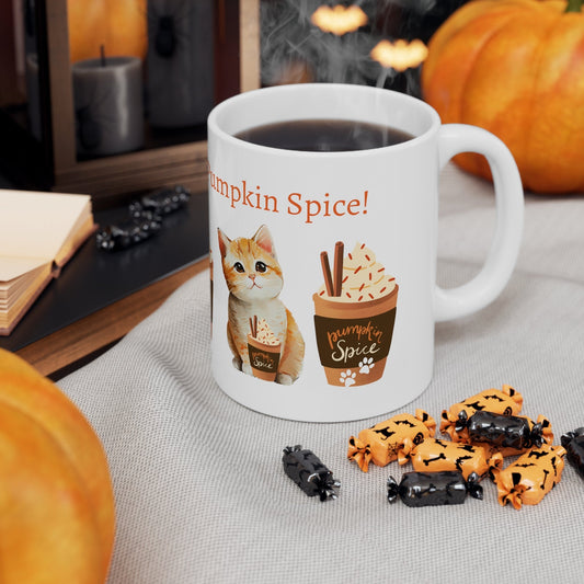 Whisker Up Some Pumpkin Spice 11oz Ceramic Mug with Adorable Cat Design - Original Graphic