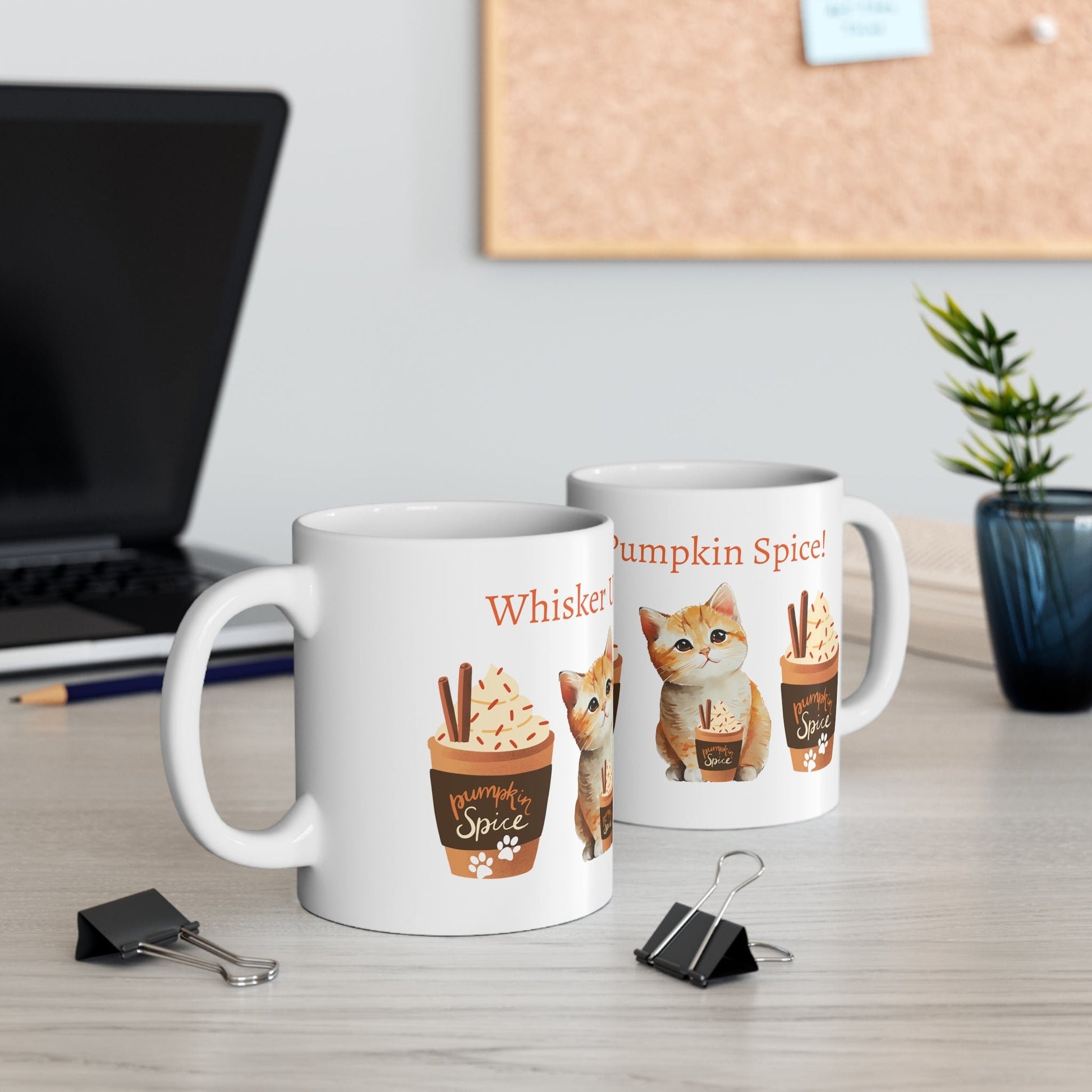 Whisker Up Some Pumpkin Spice 11oz Ceramic Mug with Adorable Cat Design - Original Graphic