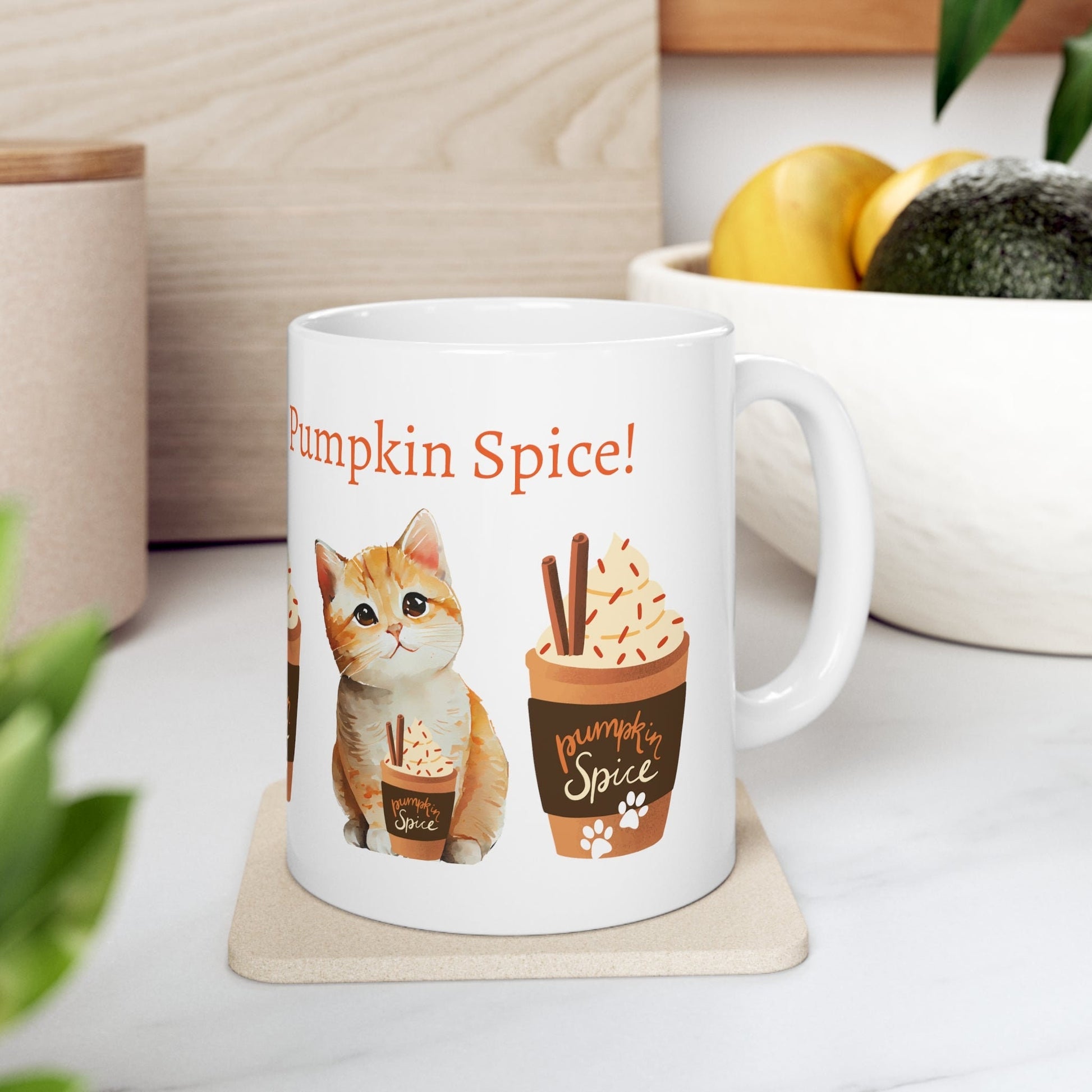 Whisker Up Some Pumpkin Spice 11oz Ceramic Mug with Adorable Cat Design - Original Graphic