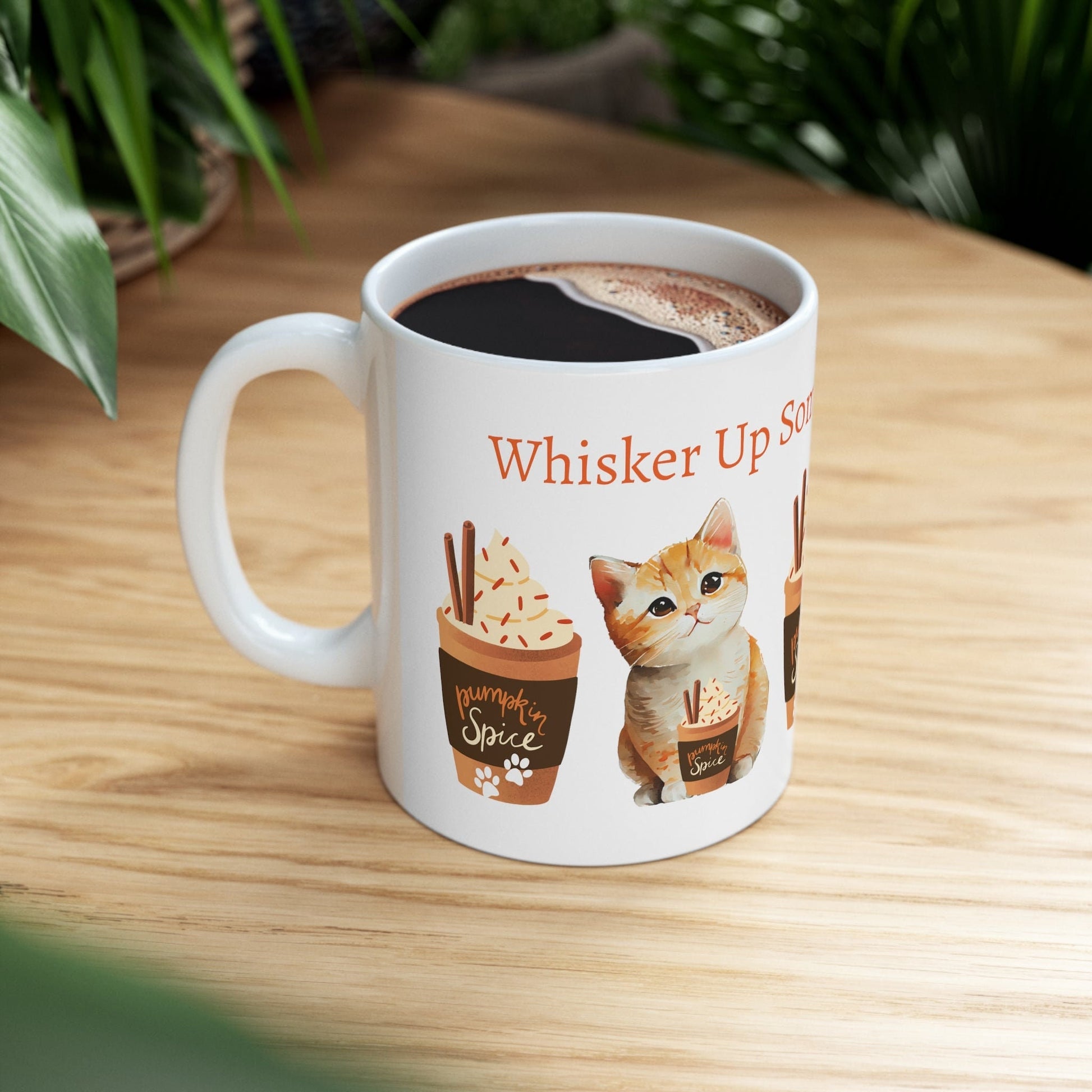 Whisker Up Some Pumpkin Spice 11oz Ceramic Mug with Adorable Cat Design - Original Graphic