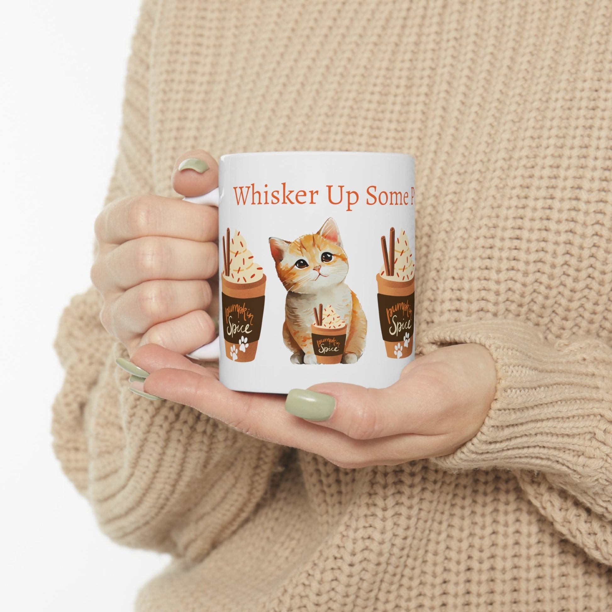 Whisker Up Some Pumpkin Spice 11oz Ceramic Mug with Adorable Cat Design - Original Graphic