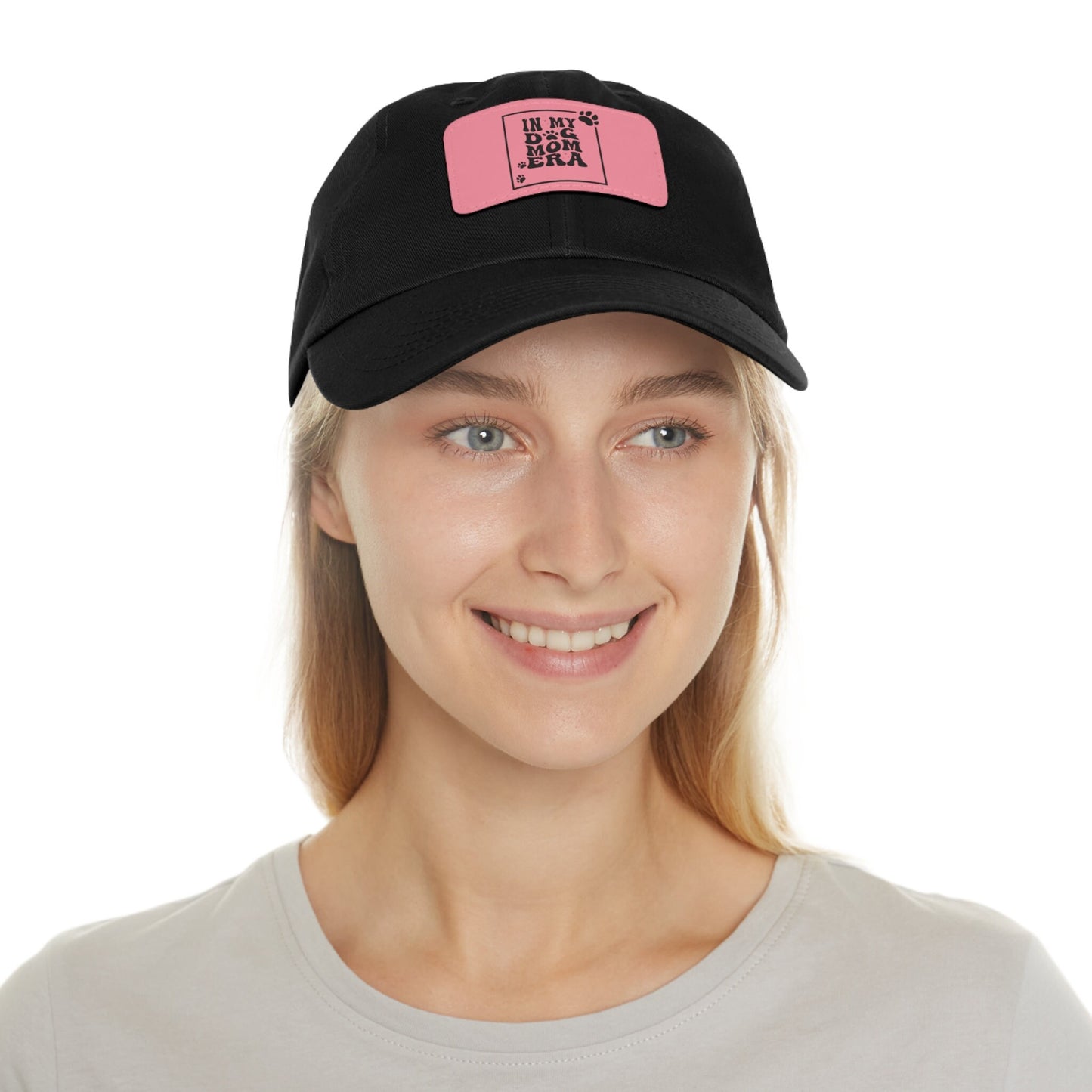 Chic Classic Baseball Cap with Leather Patch: In My Dog Mom Era (Black and Pink)