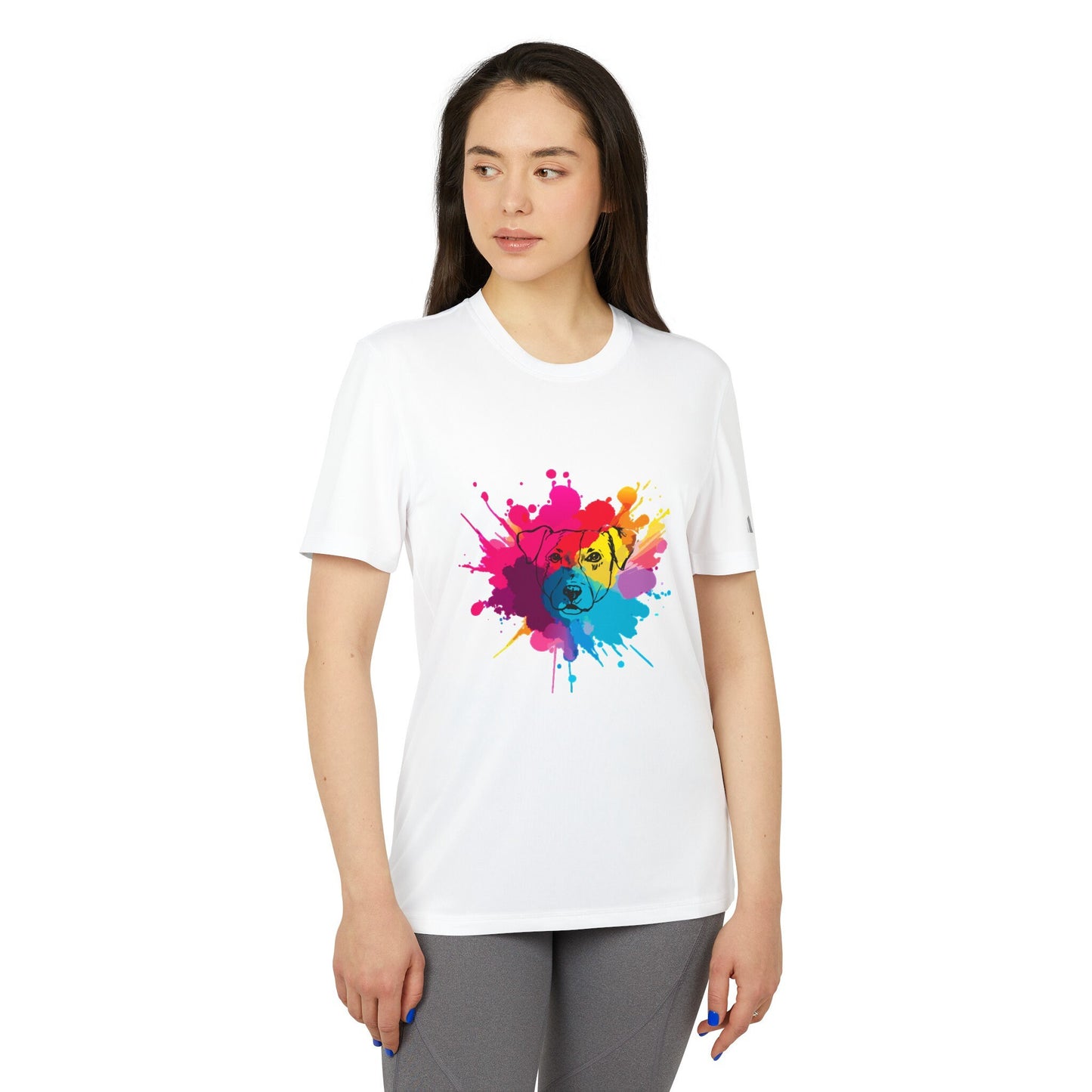 adidas® Unisex Sport T-shirt Featuring Custom Watercolor Splash Dog Outline Design