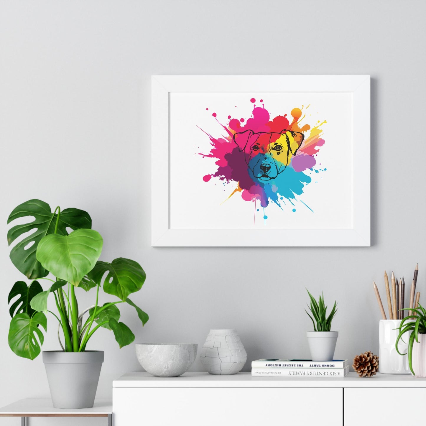 Vibrant Watercolor Dog Art Print - Framed Horizontal Poster