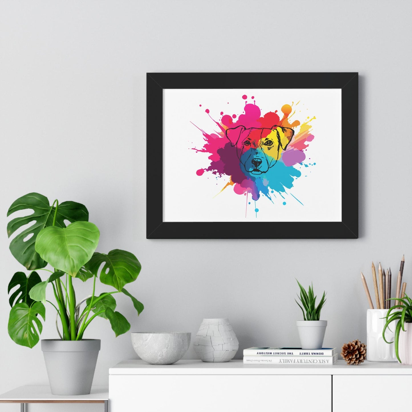 Vibrant Watercolor Dog Art Print - Framed Horizontal Poster