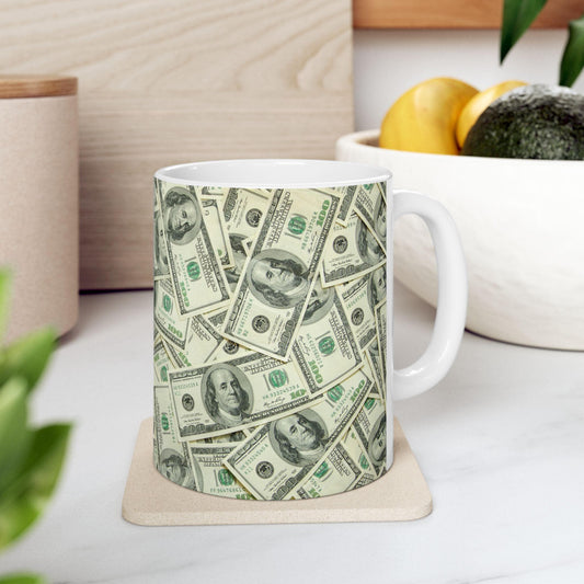 Show Me The Money Ceramic Mug | 11oz Hundred Dollar Bill Themed Coffee Cup | Perfect Gift for Cash Lovers