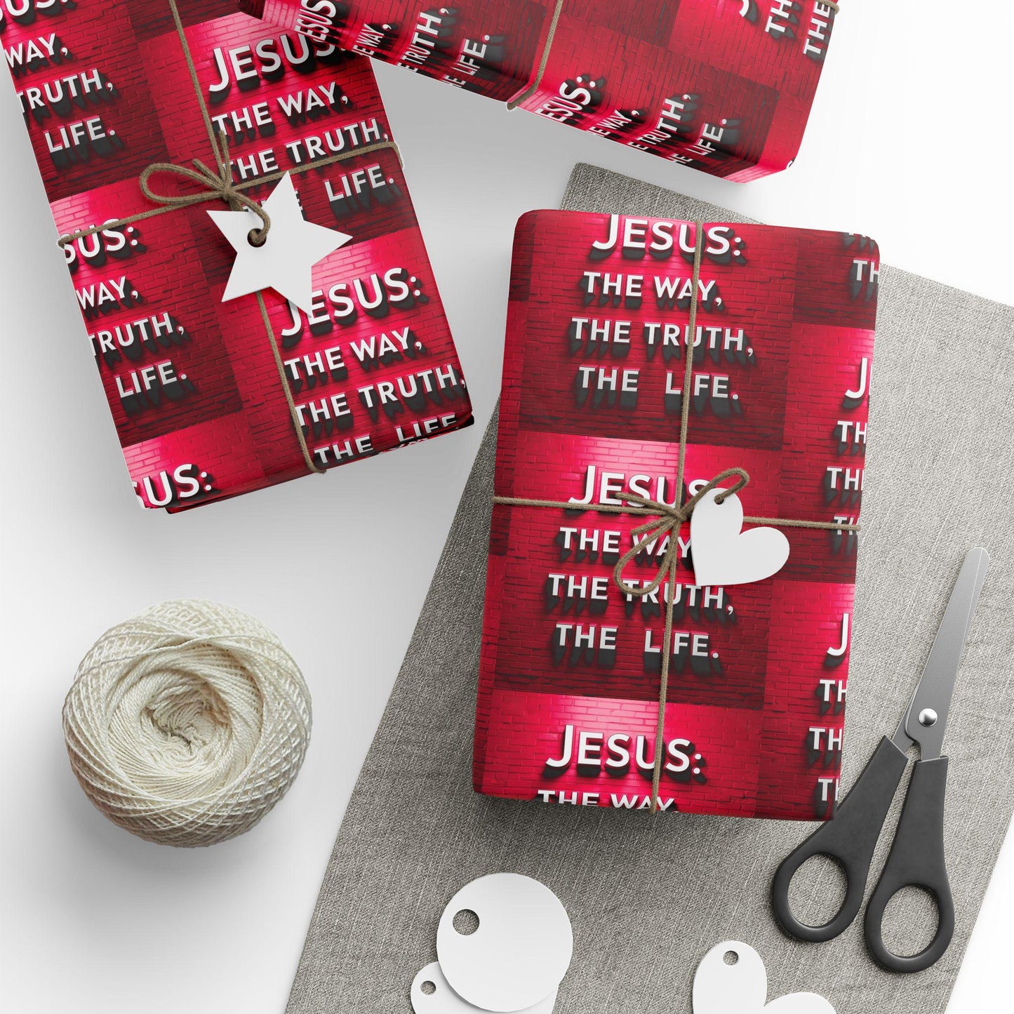 Dark Red Gift Wrapping Paper with Brick Background - 'Jesus, the Way, the Truth, the Life' Design for All Occasions | Religious Message