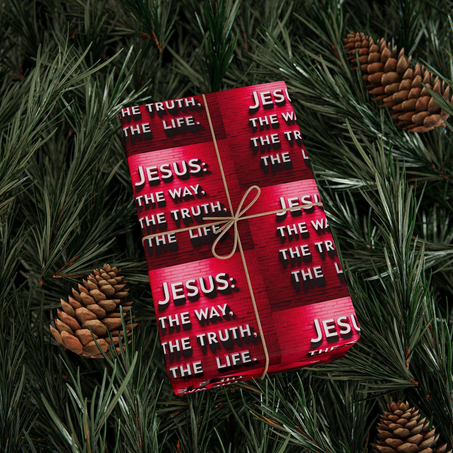 Dark Red Gift Wrapping Paper with Brick Background - 'Jesus, the Way, the Truth, the Life' Design for All Occasions | Religious Message