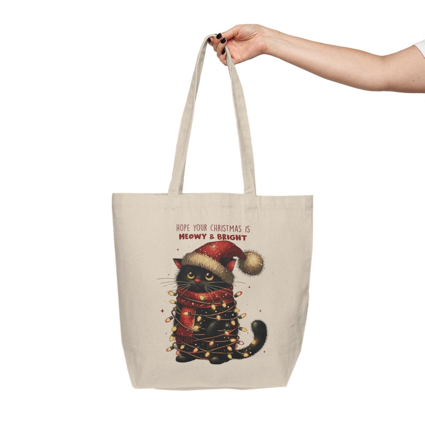 Meowy and Bright Holiday Canvas Shopping Tote, Festive Cat Lover Gift, Reusable Eco-Friendly Bag, Black Cat Design, Christmas Cat Print Tote