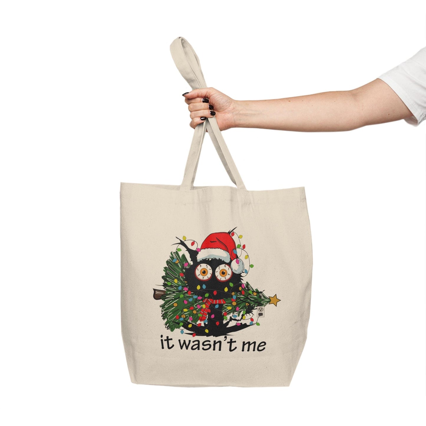 Christmas Cat 'It Wasn't Me"  Print Canvas Shopping Tote Bag, Festive Gift for Cat Lovers, Reusable Bag, Black Cat Design, Holiday Tote