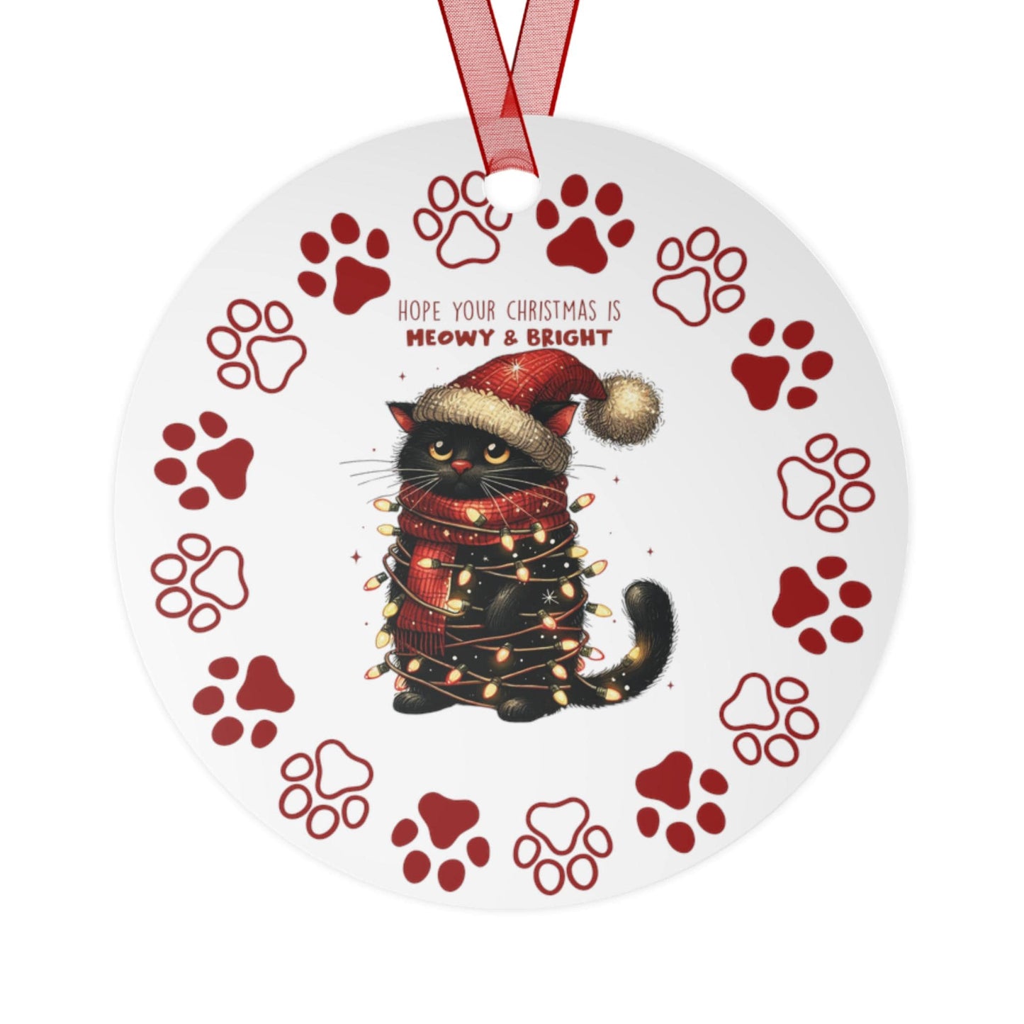 Christmas Cat Metal Ornaments: Hope Your Christmas is Meowy and Bright | Double-Sided Festive Ornament for Cat Lovers, Unique Holiday Gift,