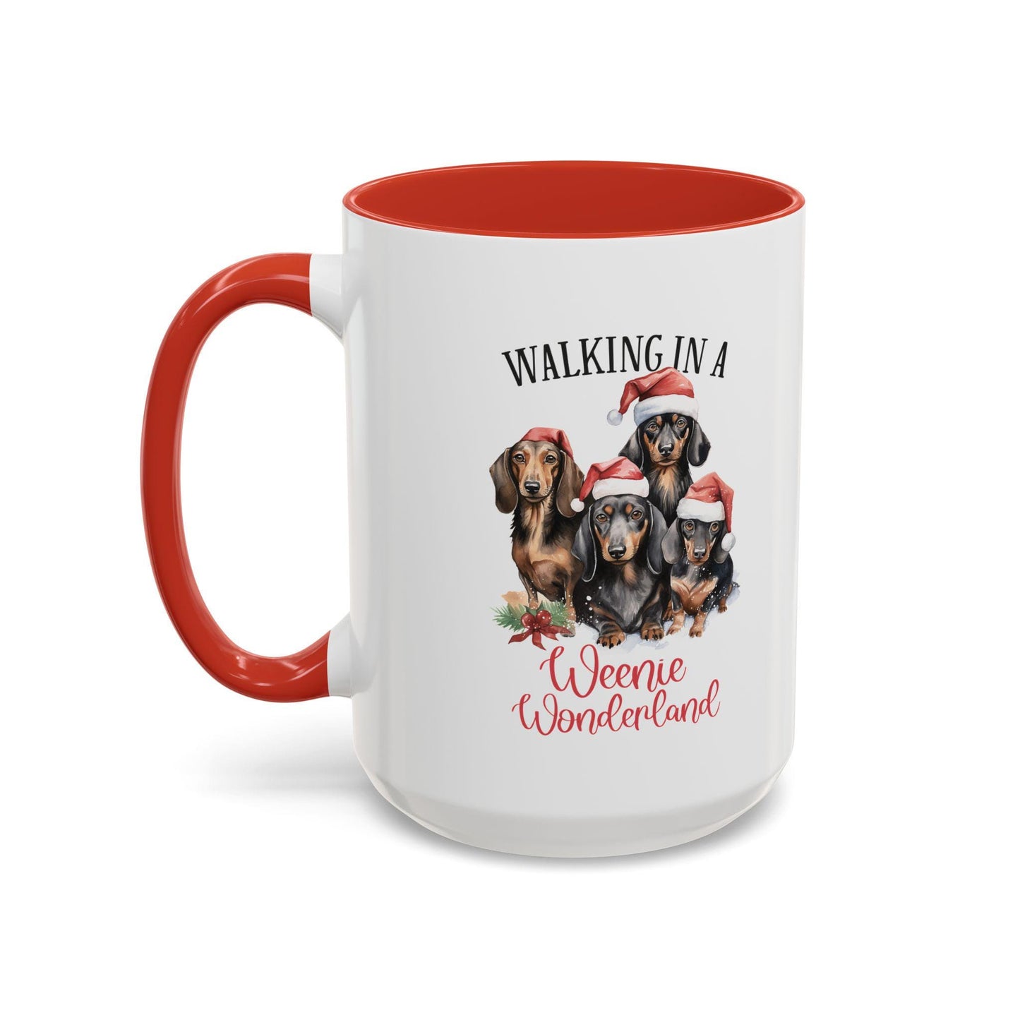 Funny Weenie Dog Christmas Dachshund Accent Coffee Mug (11, 15oz) - Dog Mom Gift, Novelty Ceramic Mug, Weenie Wonderland Red or Black