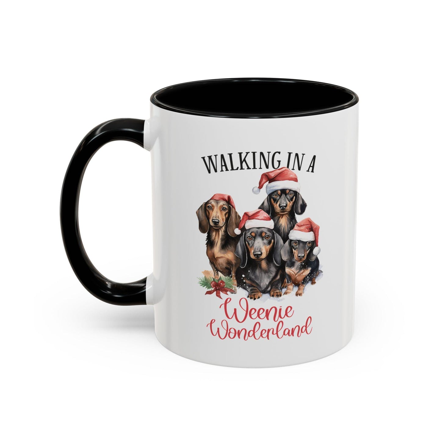 Funny Weenie Dog Christmas Dachshund Accent Coffee Mug (11, 15oz) - Dog Mom Gift, Novelty Ceramic Mug, Weenie Wonderland Red or Black