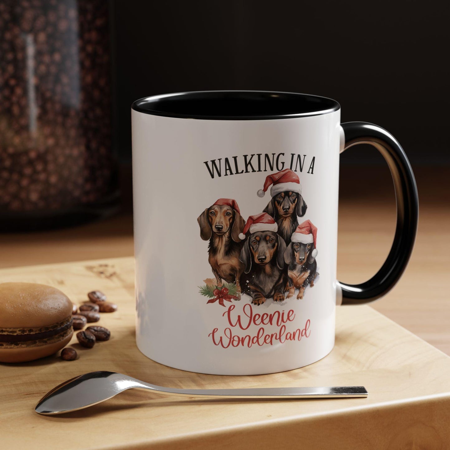 Funny Weenie Dog Christmas Dachshund Accent Coffee Mug (11, 15oz) - Dog Mom Gift, Novelty Ceramic Mug, Weenie Wonderland Red or Black