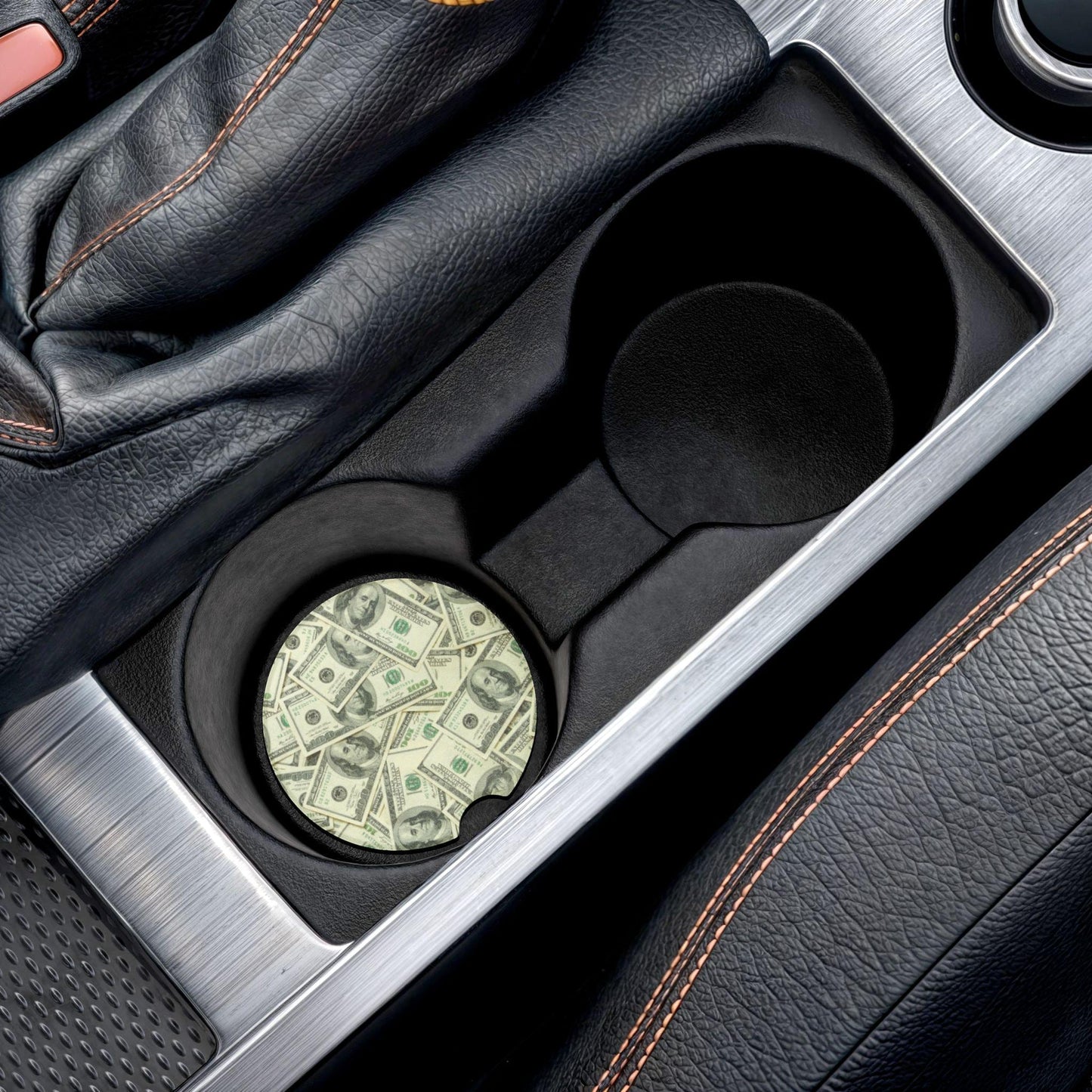 Money Themed Car Cup Coasters Set of 2, Novelty Hundred Dollar Bill Design, Gift for Car Lovers, Decorative Cup Holder Inserts, Unique Auto