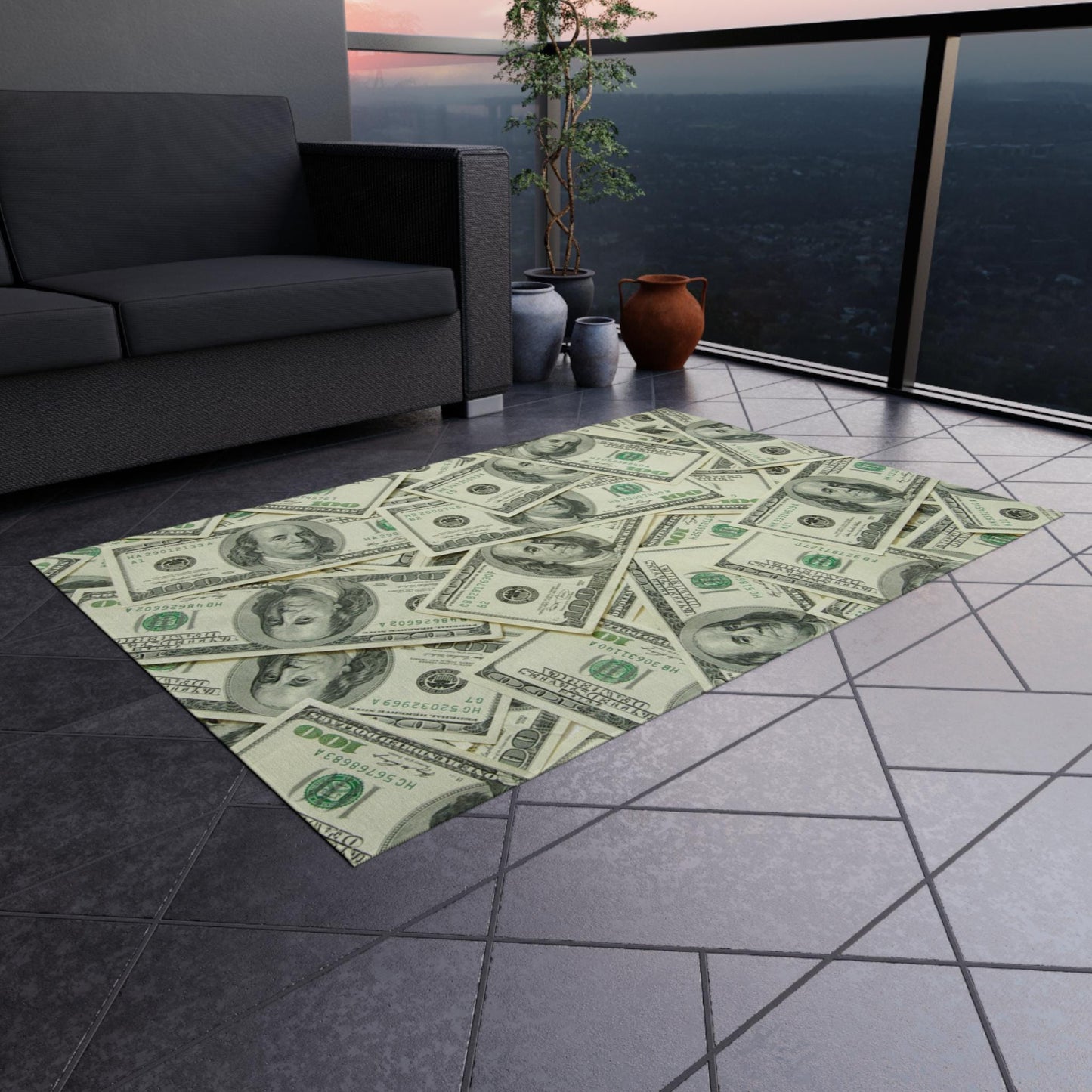 Money Rug -  Indoor or Outdoor Rug with 100 Dollar Bill Design, Ben Franklin Themed Area Rug, Non-Slip Green Rug for Man Cave Gifts