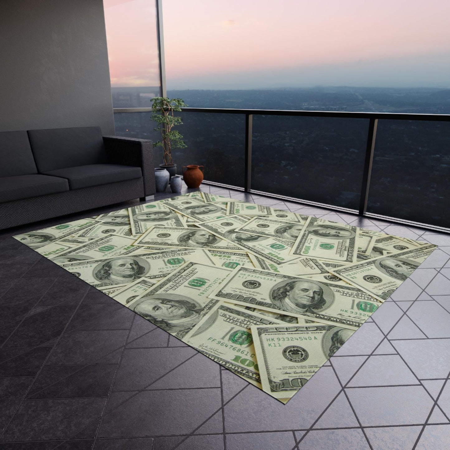 Money Rug -  Indoor or Outdoor Rug with 100 Dollar Bill Design, Ben Franklin Themed Area Rug, Non-Slip Green Rug for Man Cave Gifts