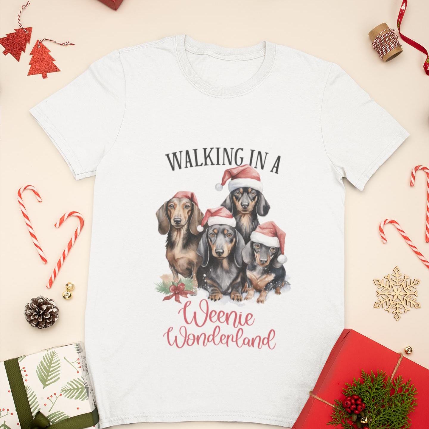 Walking in a Weenie wonderland Tee With 4 weenie dogs in santa hats