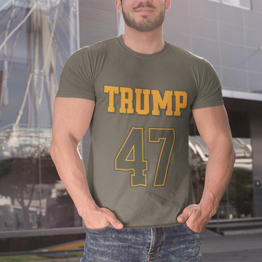 Trump 47 Sports Jersey T-Shirt – Double-Sided Patriotic Unisex Tee, Trump Gift, Political Apparel, Vintage American Style, Military Colors