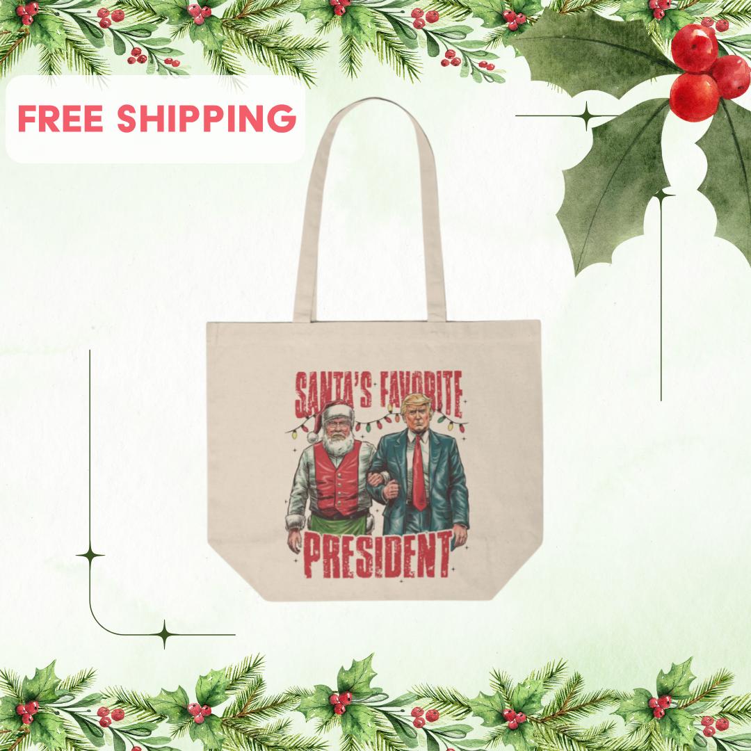 Natural color canvas tote bag that says Santa’s favorite president with Santa and President Trump Armin arm with Christmas lights in the background,  free shipping .