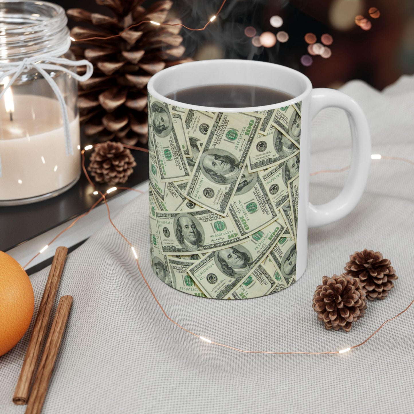 Show Me The Money Ceramic Mug | 11oz Hundred Dollar Bill Themed Coffee Cup | Perfect Gift for Cash Lovers