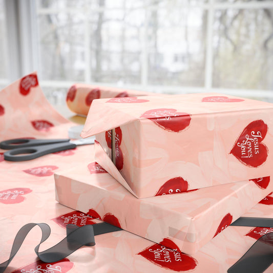 Religious Light Red Gift Wrapping Paper with Hearts - 'Jesus Loves You!' Original Design for All Special Occasions