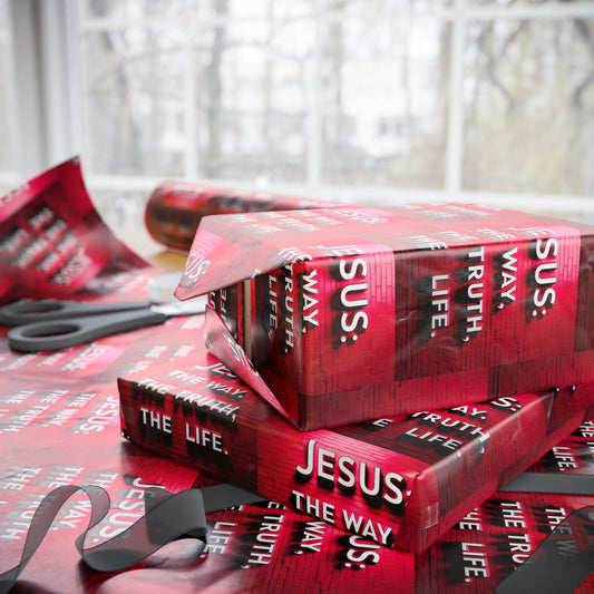 Dark Red Gift Wrapping Paper with Brick Background - 'Jesus, the Way, the Truth, the Life' Design for All Occasions | Religious Message