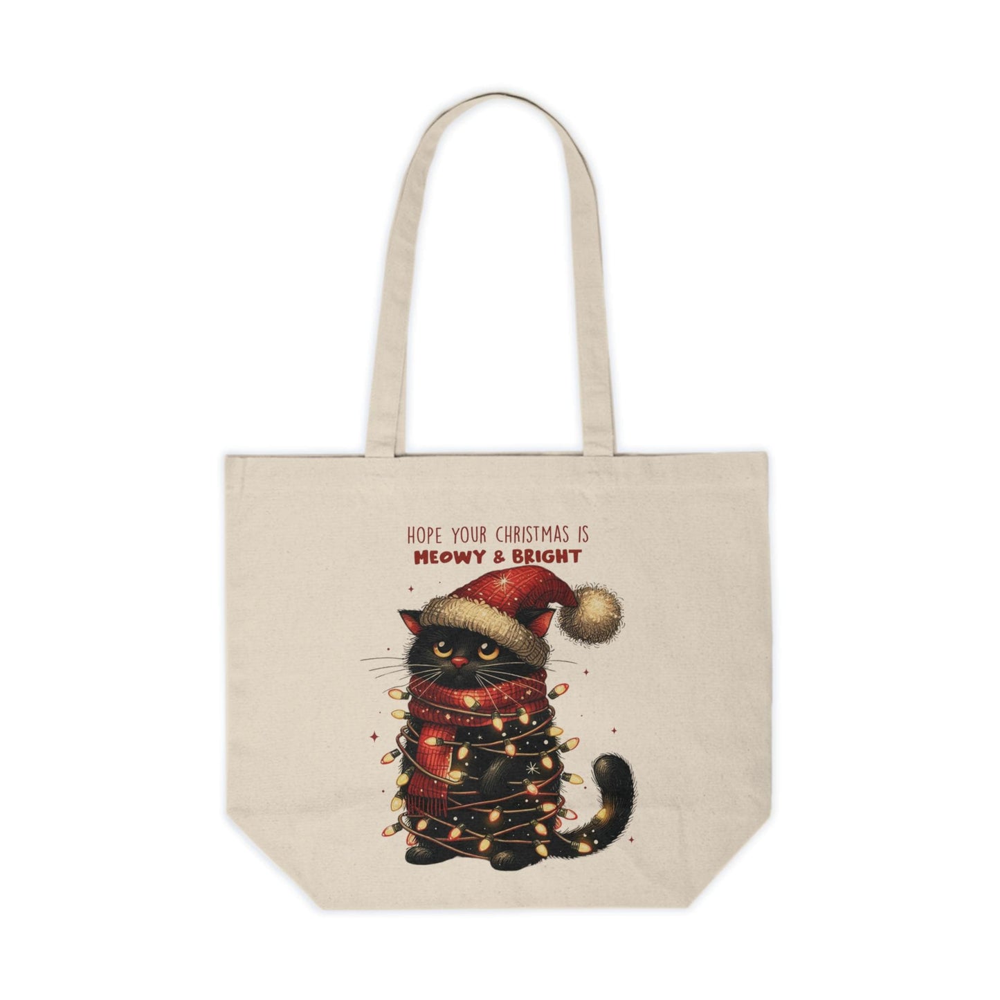 Meowy and Bright Holiday Canvas Shopping Tote, Festive Cat Lover Gift, Reusable Eco-Friendly Bag, Black Cat Design, Christmas Cat Print Tote