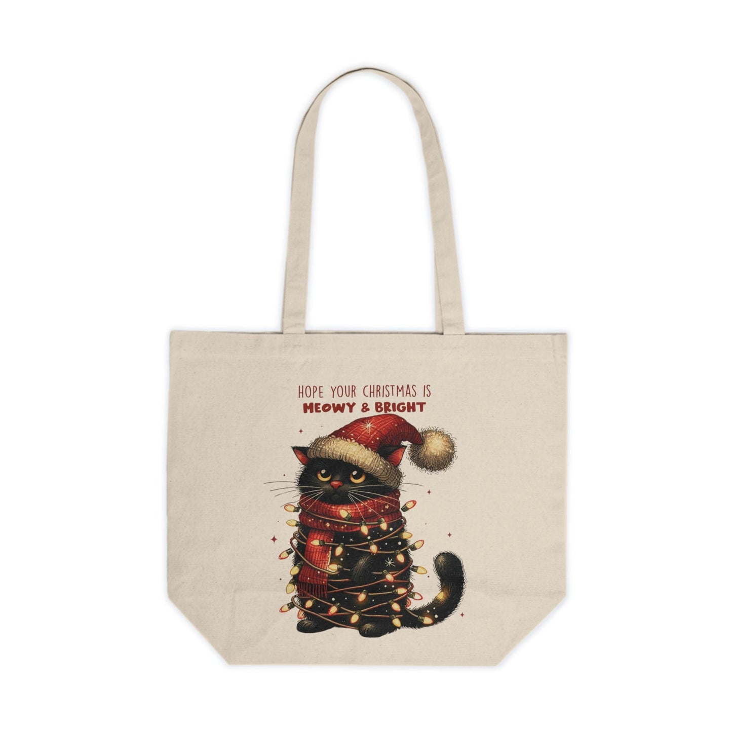 Meowy and Bright Holiday Canvas Shopping Tote, Festive Cat Lover Gift, Reusable Eco-Friendly Bag, Black Cat Design, Christmas Cat Print Tote