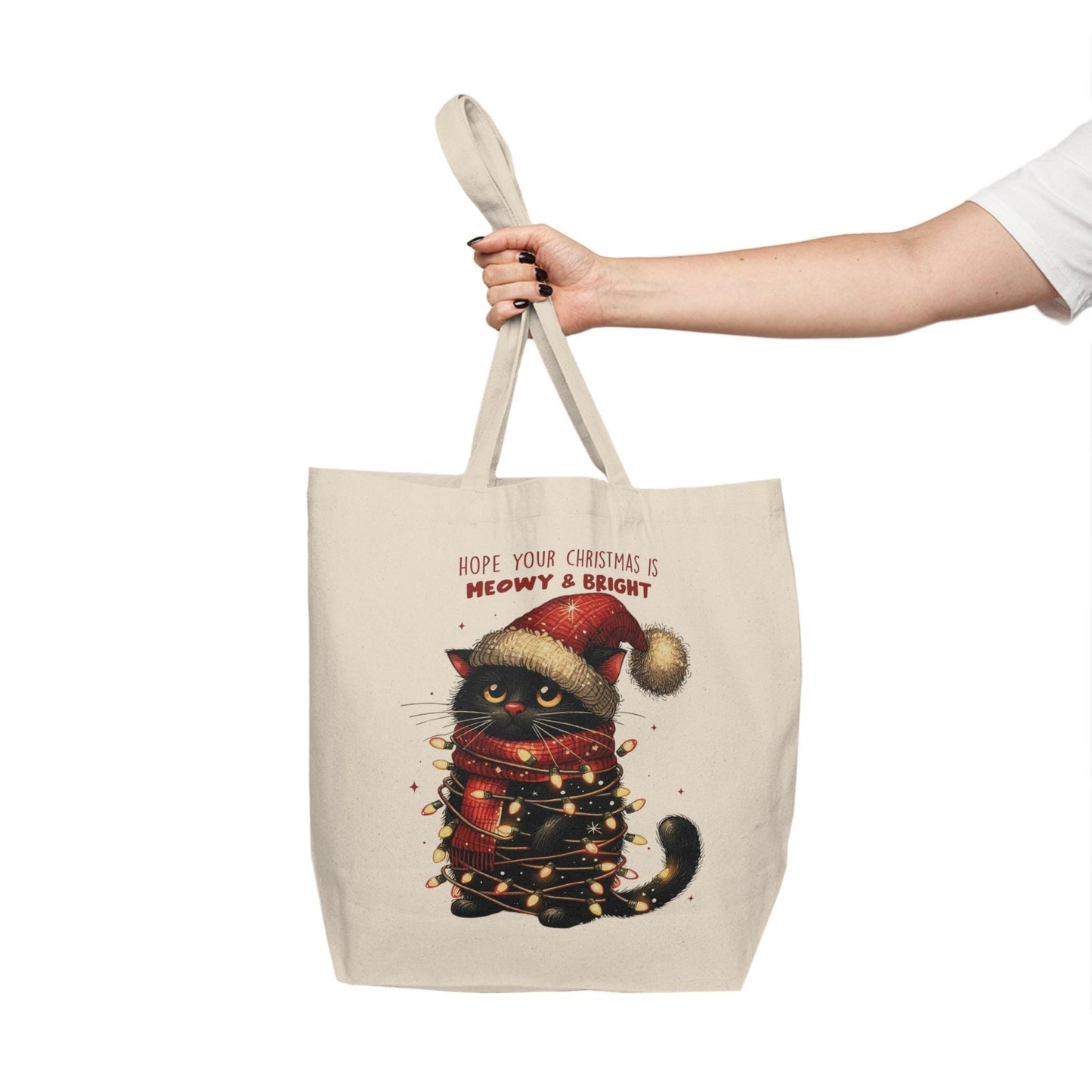 Meowy and Bright Holiday Canvas Shopping Tote, Festive Cat Lover Gift, Reusable Eco-Friendly Bag, Black Cat Design, Christmas Cat Print Tote