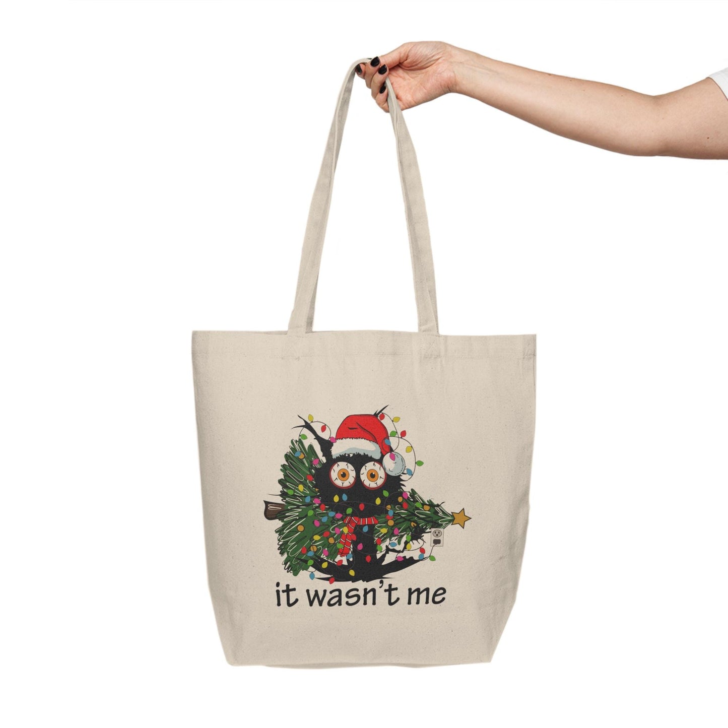 Christmas Cat 'It Wasn't Me"  Print Canvas Shopping Tote Bag, Festive Gift for Cat Lovers, Reusable Bag, Black Cat Design, Holiday Tote