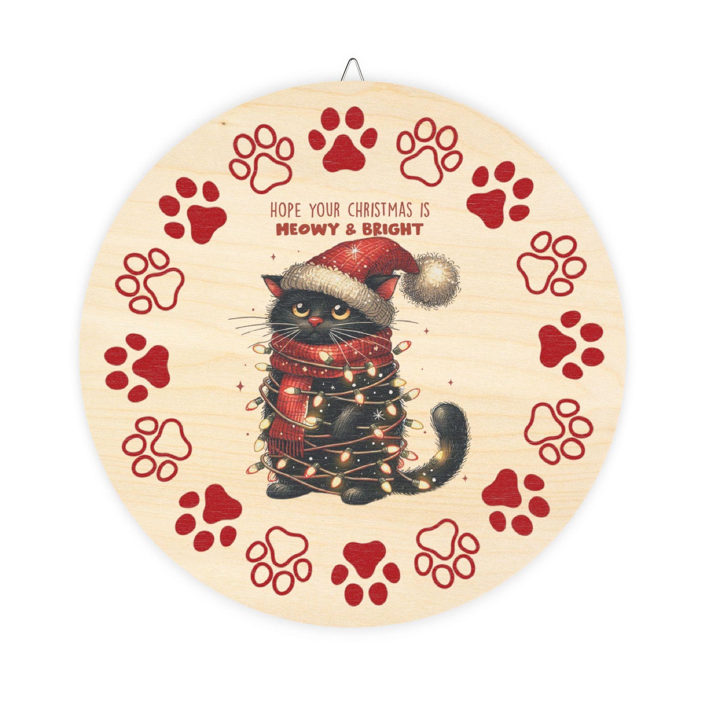 Meowy and Bright Christmas Cat Wall Decor - Rustic Wood Holiday Sign with Red Paw Print, Available in 4 Sizes