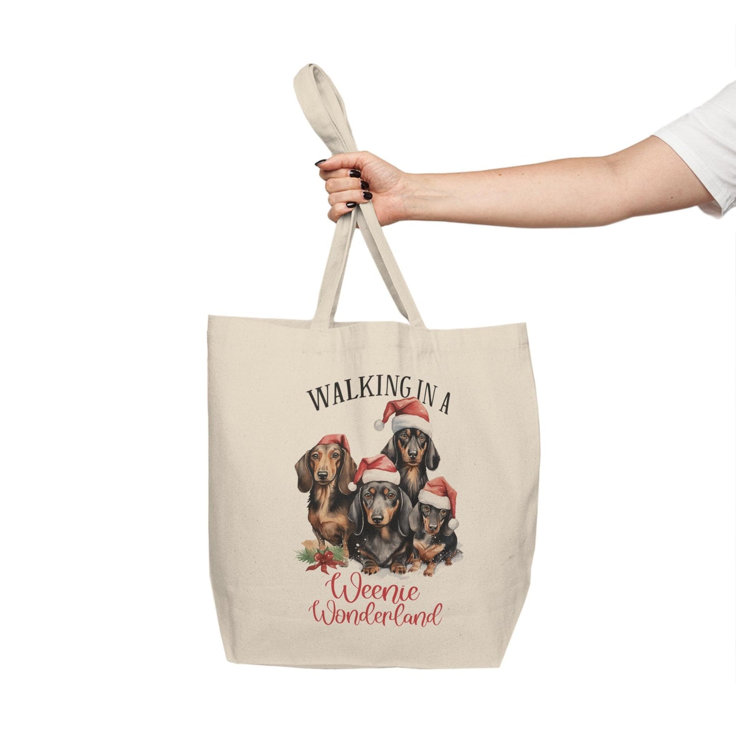 Weenie dog Christmas Canvas Shopping Tote Bag, Festive Gift for Weenie dog Lovers, Reusable Eco-Friendly humorous Design