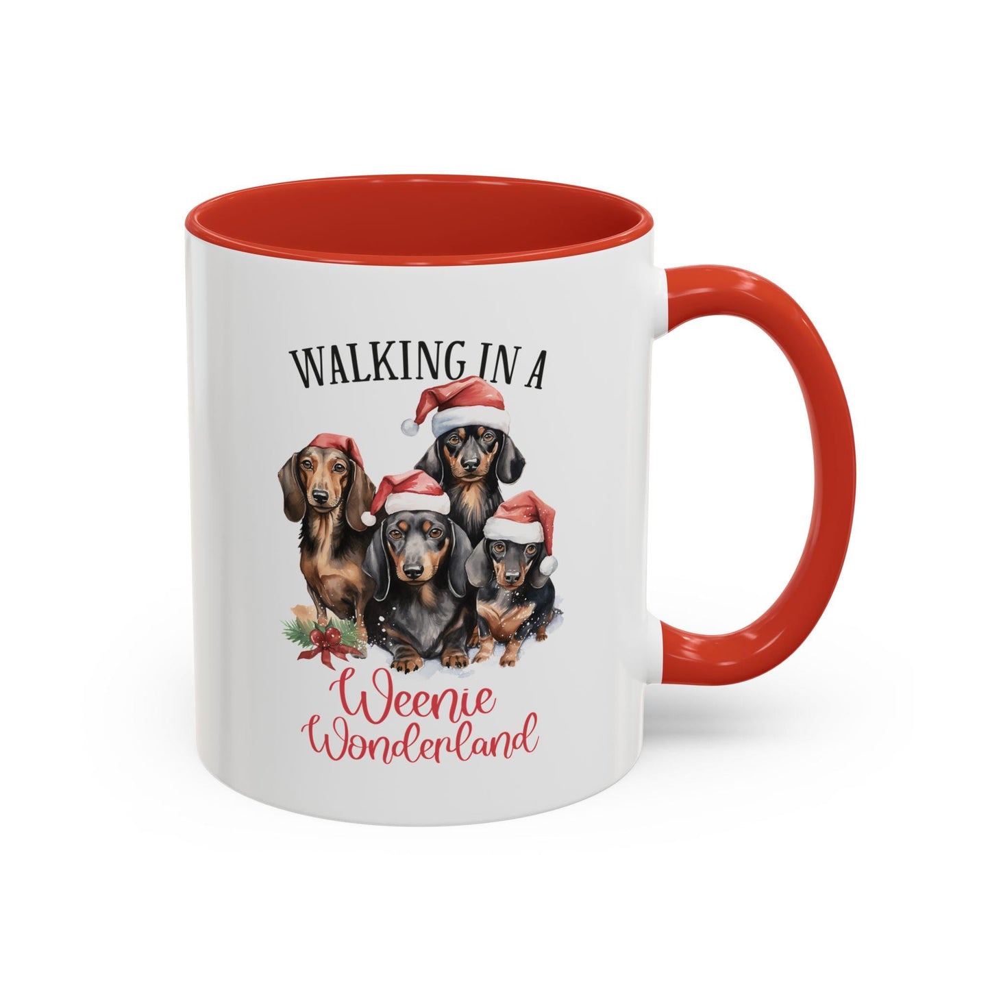 Funny Weenie Dog Christmas Dachshund Accent Coffee Mug (11, 15oz) - Dog Mom Gift, Novelty Ceramic Mug, Weenie Wonderland Red or Black