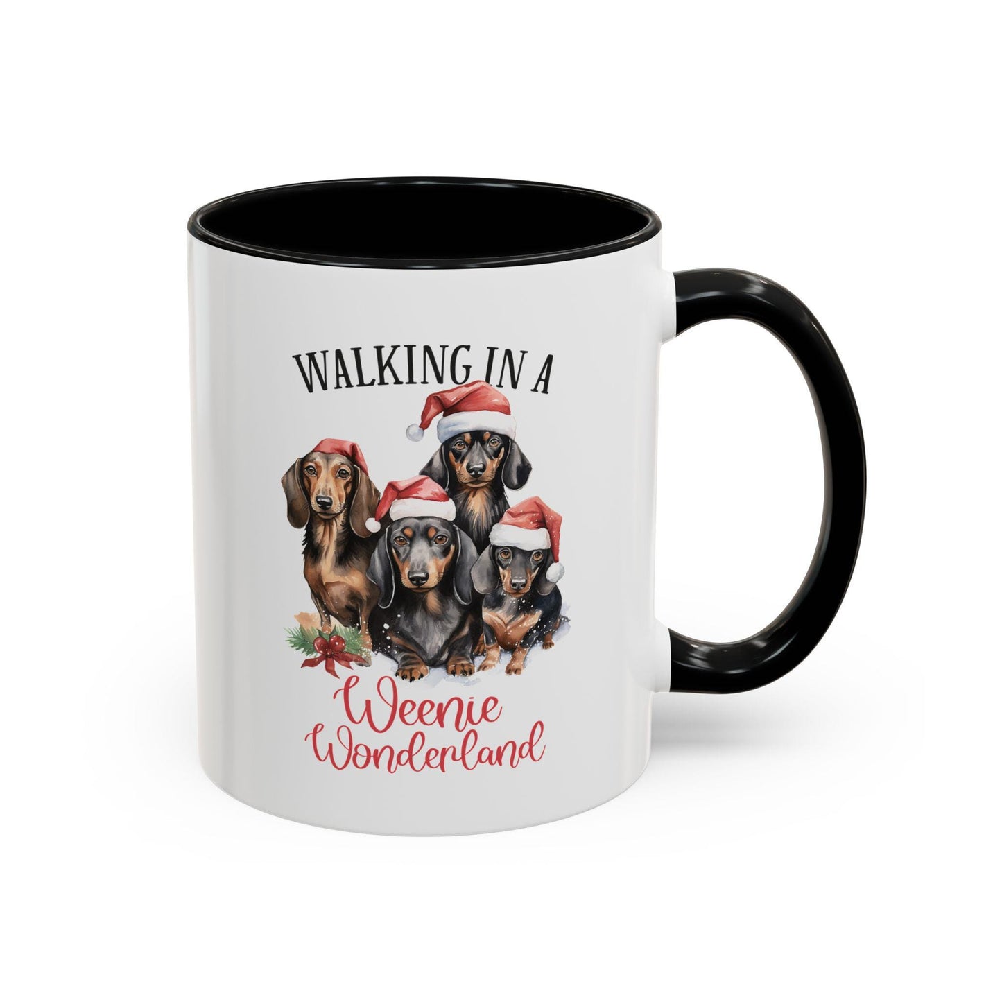 Funny Weenie Dog Christmas Dachshund Accent Coffee Mug (11, 15oz) - Dog Mom Gift, Novelty Ceramic Mug, Weenie Wonderland Red or Black