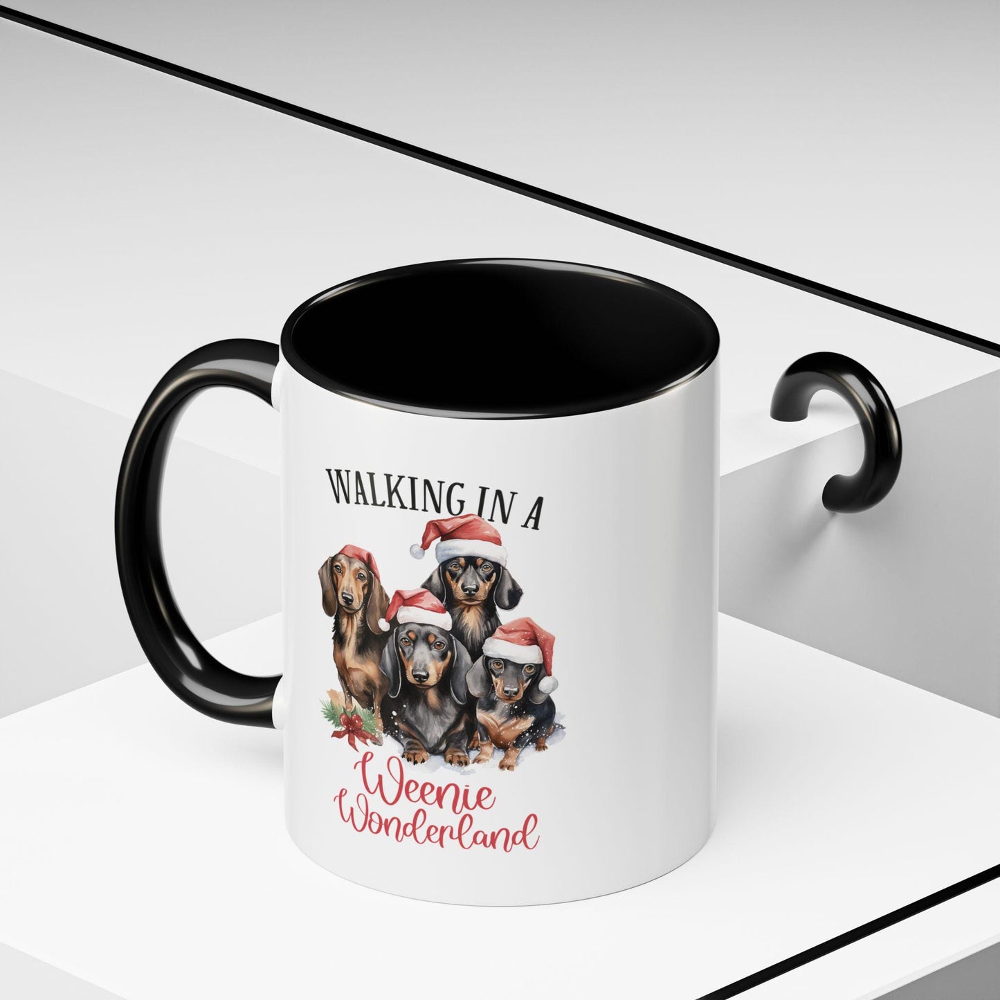 Funny Weenie Dog Christmas Dachshund Accent Coffee Mug (11, 15oz) - Dog Mom Gift, Novelty Ceramic Mug, Weenie Wonderland Red or Black