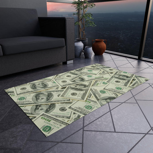 Money Rug -  Indoor or Outdoor Rug with 100 Dollar Bill Design, Ben Franklin Themed Area Rug, Non-Slip Green Rug for Man Cave Gifts