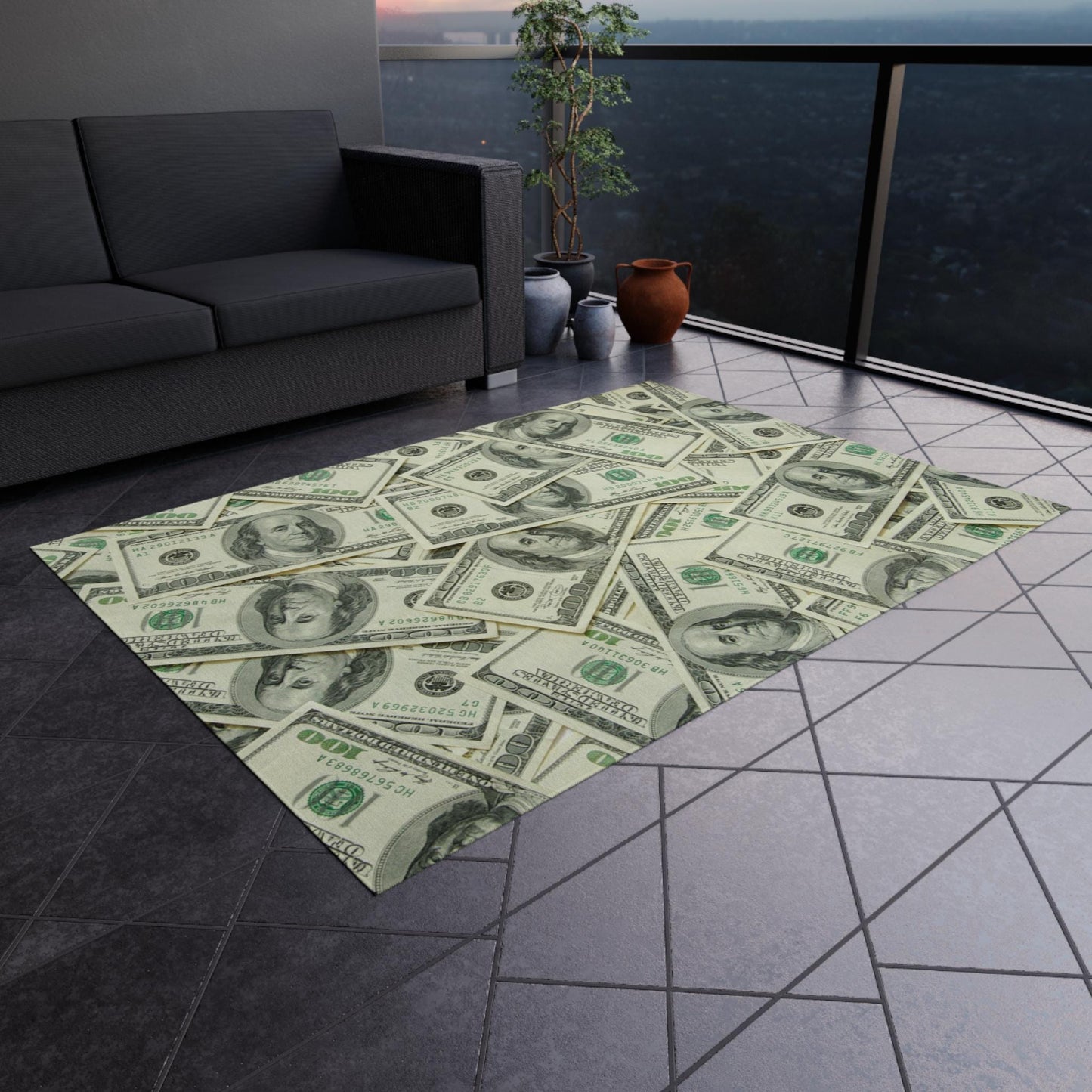 Money Rug -  Indoor or Outdoor Rug with 100 Dollar Bill Design, Ben Franklin Themed Area Rug, Non-Slip Green Rug for Man Cave Gifts