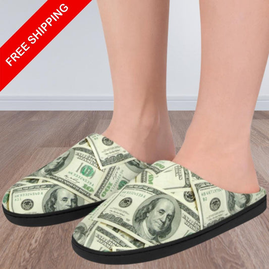 Free Shipping and a picture of men’s feet in money US currency one hundred dollar bill print house skippers with black rubber soles