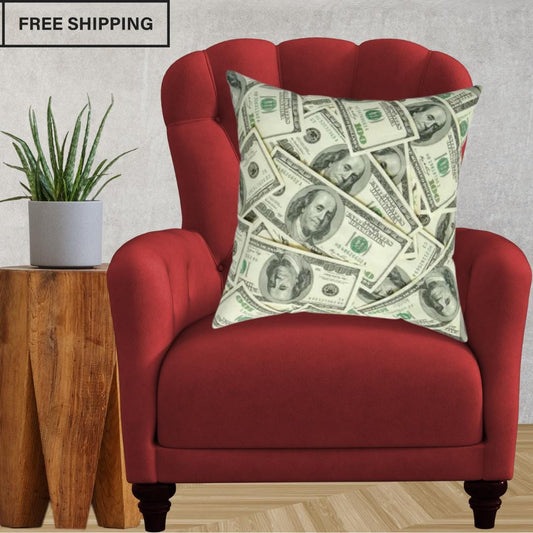 Benjamin Franklin Big bills, one hundred dollar bills pattern on a throw pillow sitting on a red chair. Free shipping